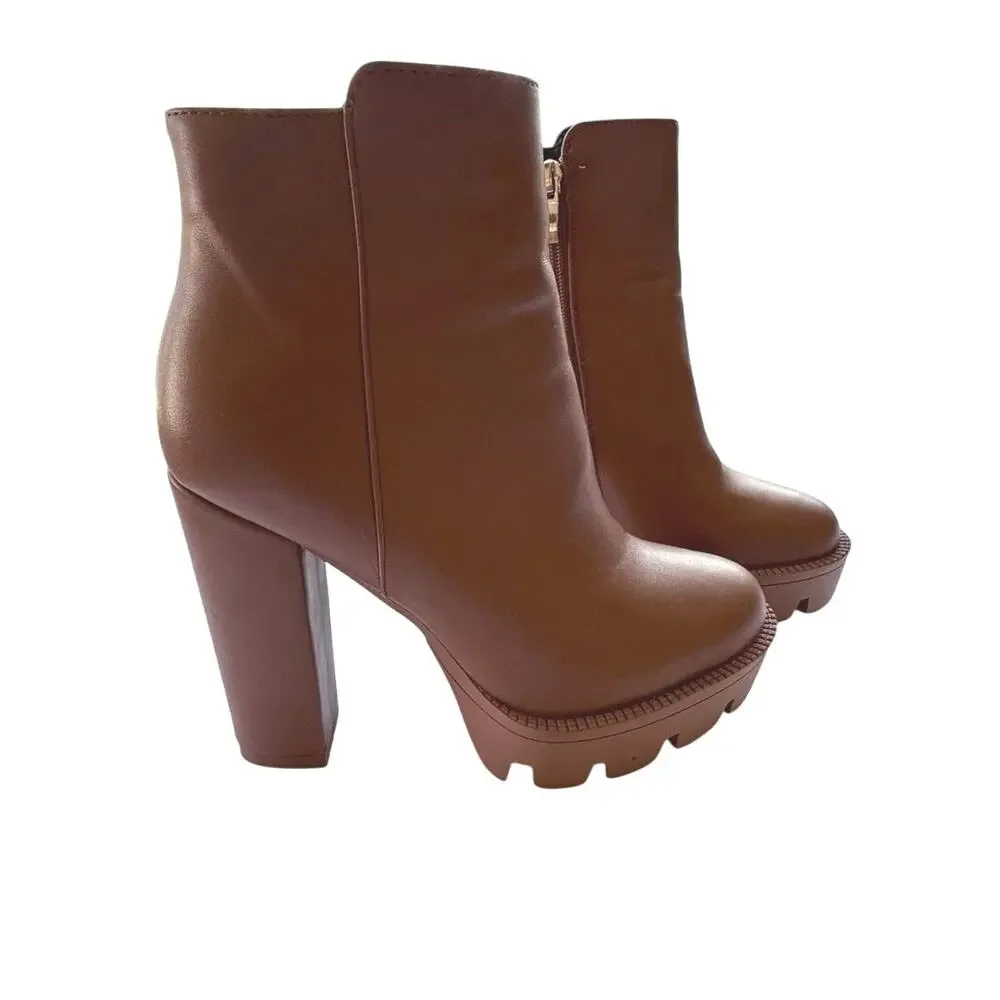 Studio F Chunky Platform Heeled Boots Size 37 – Brown Faux Leather Ankle Boots
